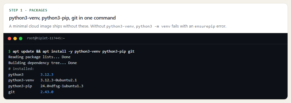 Installing python3-venv, python3-pip and git in one apt command on Ubuntu 24.04