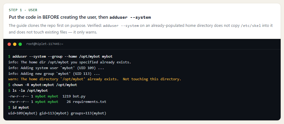 adduser --system on an already-populated /opt/mybot: the home directory is left untouched and the code files stay owned by mybot