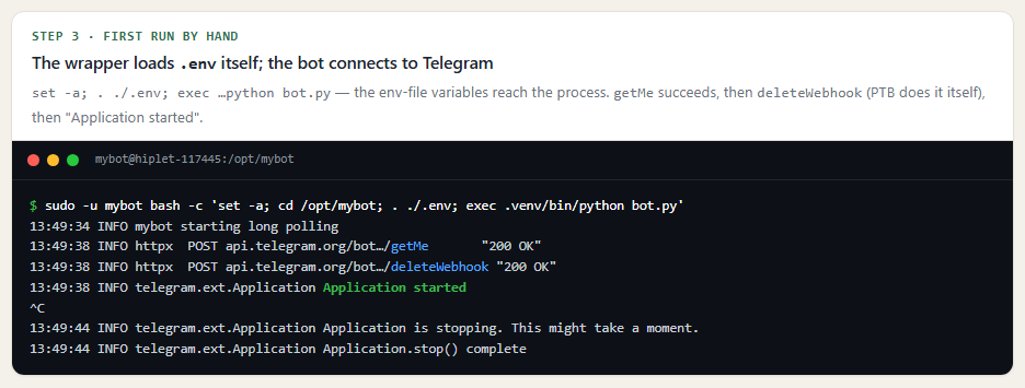 First manual run of the bot: getMe and deleteWebhook return 200 OK and the application starts