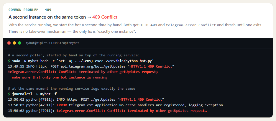 A second bot instance on the same token triggers a 409 Conflict in both processes