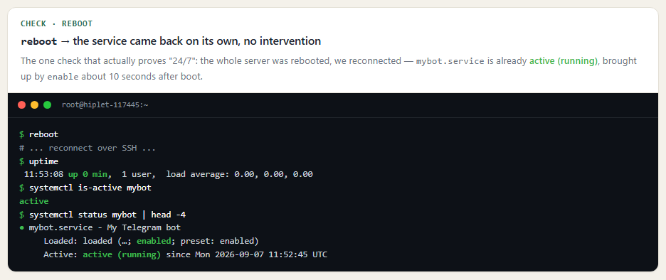 After a full server reboot the bot service came back up on its own