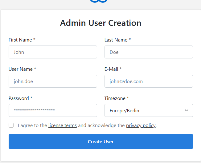 Creating the CloudPanel admin account in the browser on first visit