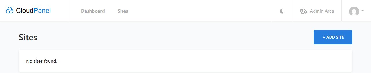 The Sites section in CloudPanel: an empty site list and the Add Site button