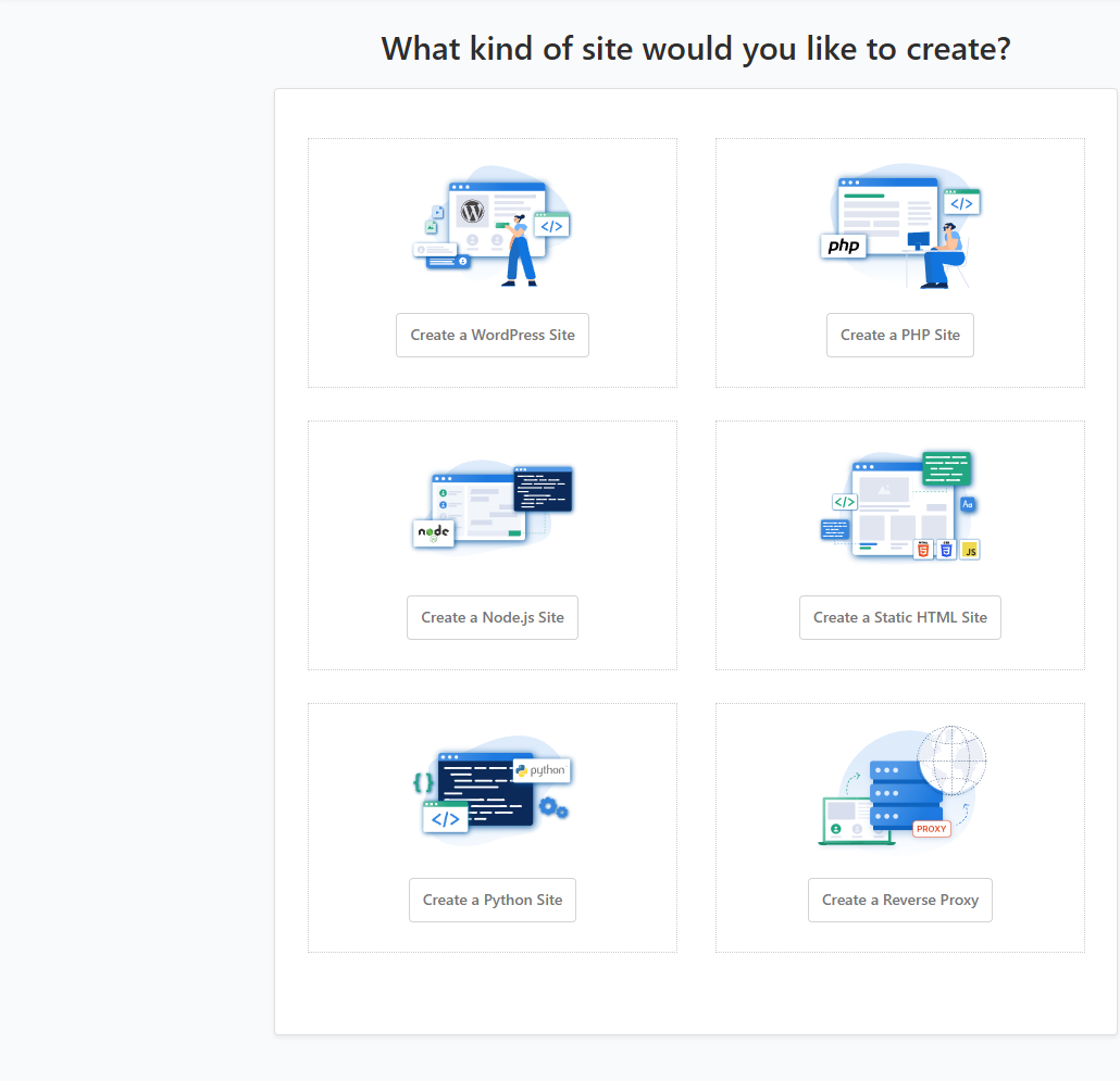 Choosing the site type in CloudPanel: WordPress, PHP, Node.js, static HTML, Python, reverse proxy