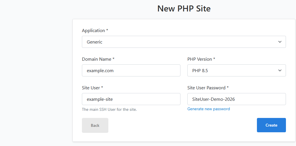 The New PHP Site form in CloudPanel: domain, PHP version, site user and password