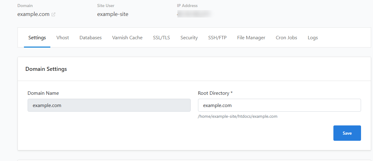 The site Settings tab in CloudPanel: domain, root directory, site user, PHP version and limits