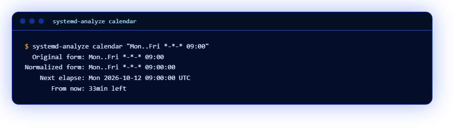 systemd-analyze calendar показывает следующий запуск расписания