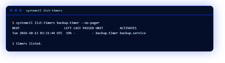 systemctl list-timers: the next run of backup.timer