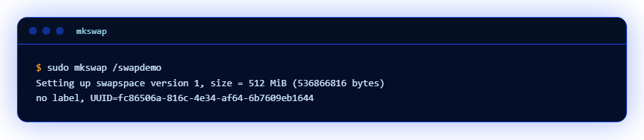 Вывод mkswap: размер и идентификатор области подкачки