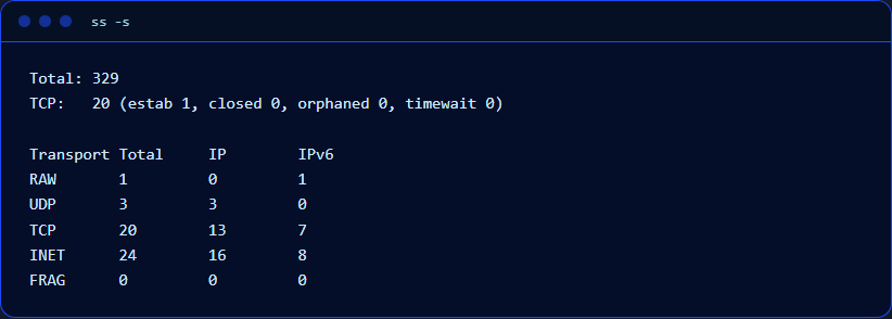 Output of ss -s: socket summary
