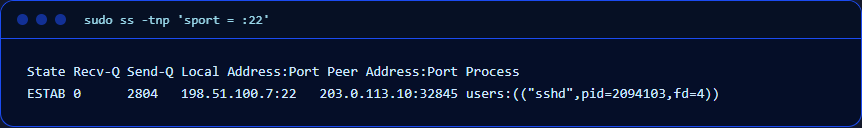 Output of ss -tnp for port 22: an established connection and the sshd process