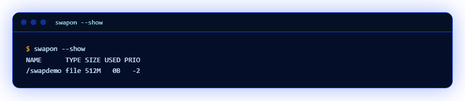 Output of swapon --show: the 512 MB swap file is attached