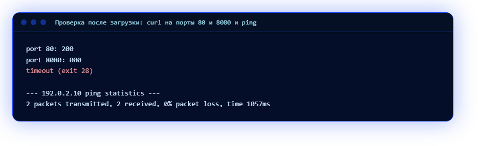 Проверка после загрузки: curl на порты 80 и 8080 и ping