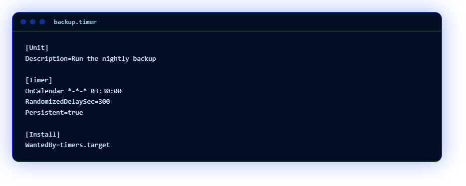 The backup.timer file: OnCalendar, RandomizedDelaySec and Persistent