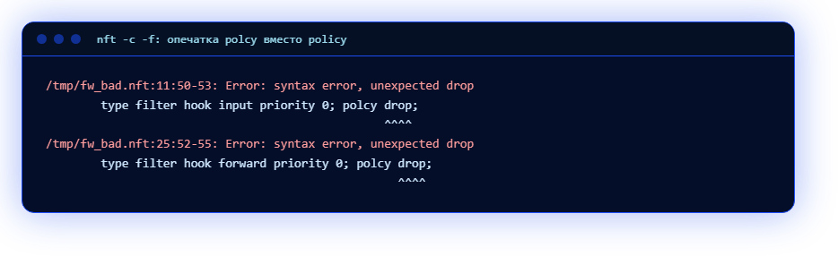 nft -c -f: the typo polcy instead of policy