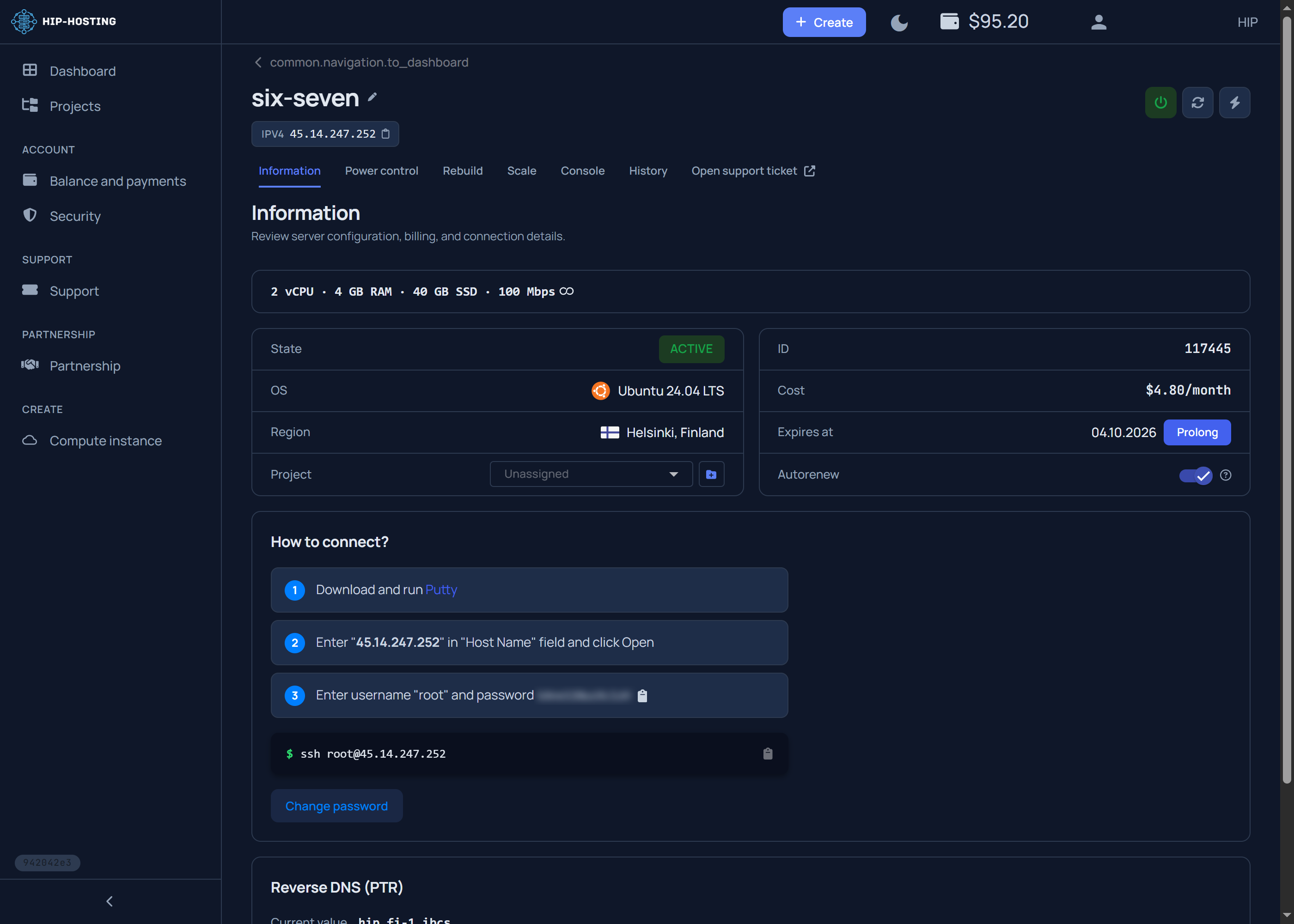 Страница сервера в панели HIP: IPv4, пароль root и блок How to connect