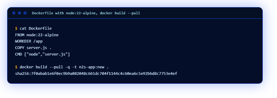 Dockerfile с node:22-alpine и docker build --pull