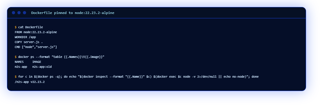 Dockerfile pinned to node:22.23.2-alpine