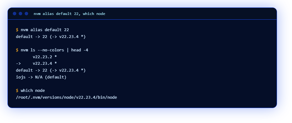 nvm alias default 22 and which node