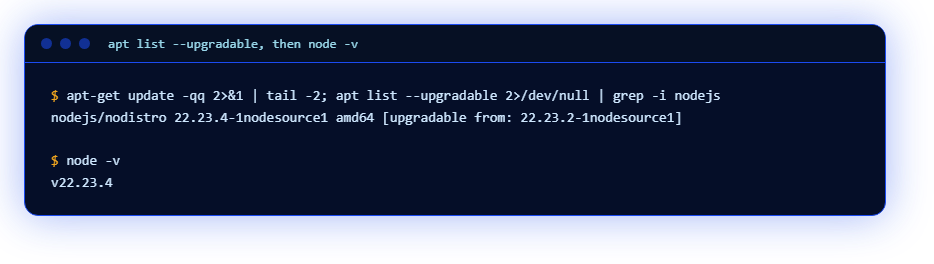apt list --upgradable and node -v after the upgrade