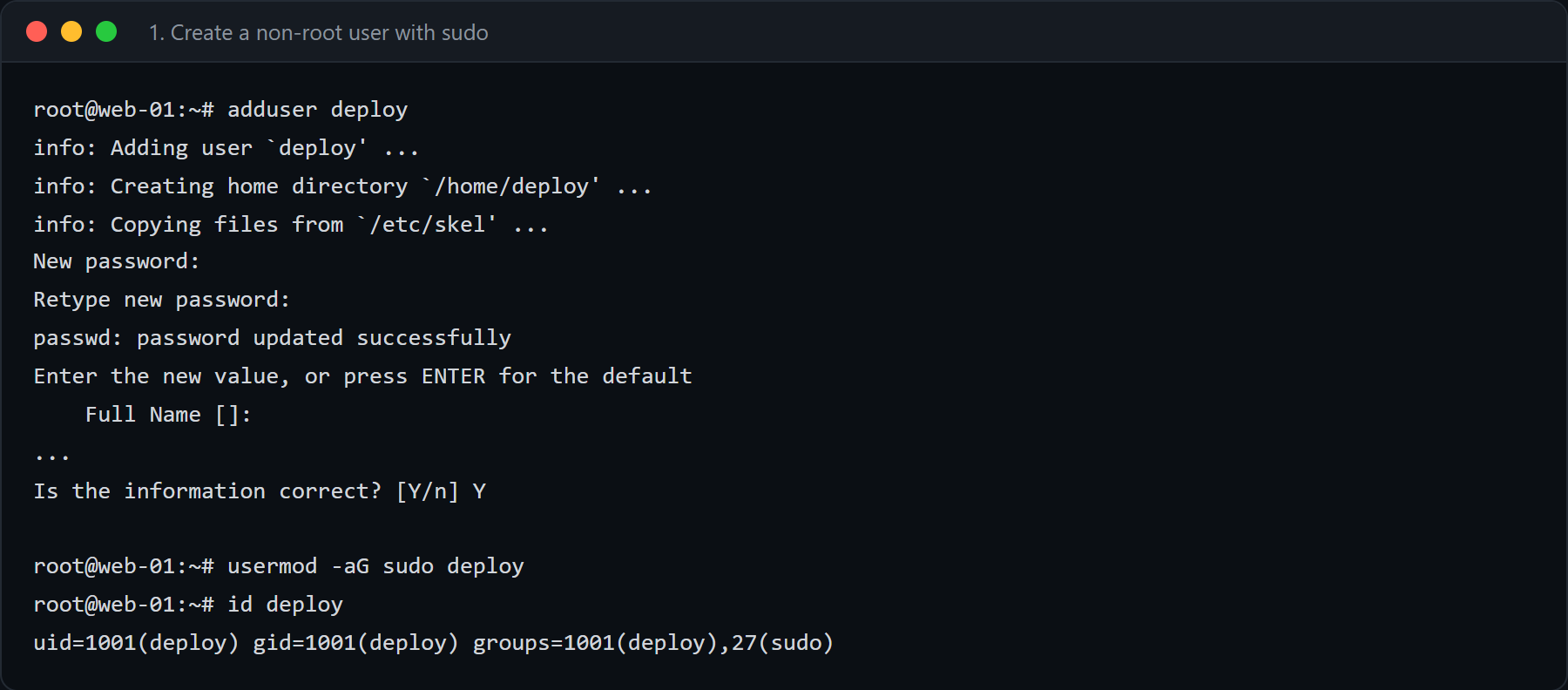 Создание пользователя deploy командой adduser и выдача прав sudo через usermod -aG sudo