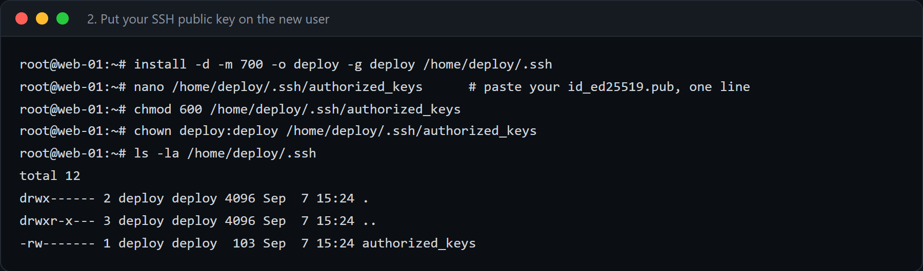 Файл authorized_keys пользователя deploy: каталог .ssh с правами 700, файл 600, владелец deploy