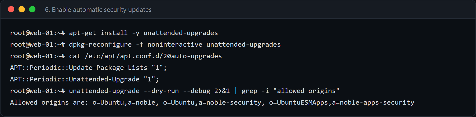 Установка и включение unattended-upgrades, файл 20auto-upgrades и пробный запуск
