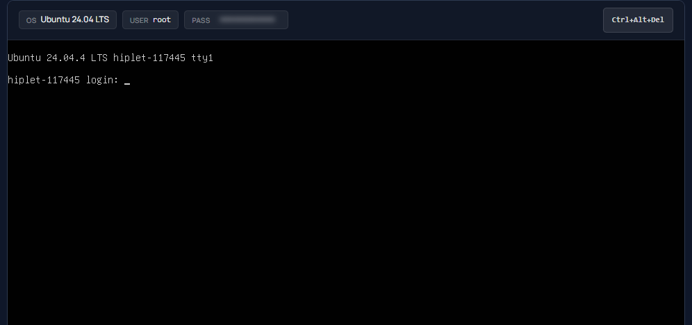 The Console tab in the HIP panel: emergency access to the server screen with a login prompt when SSH is unavailable