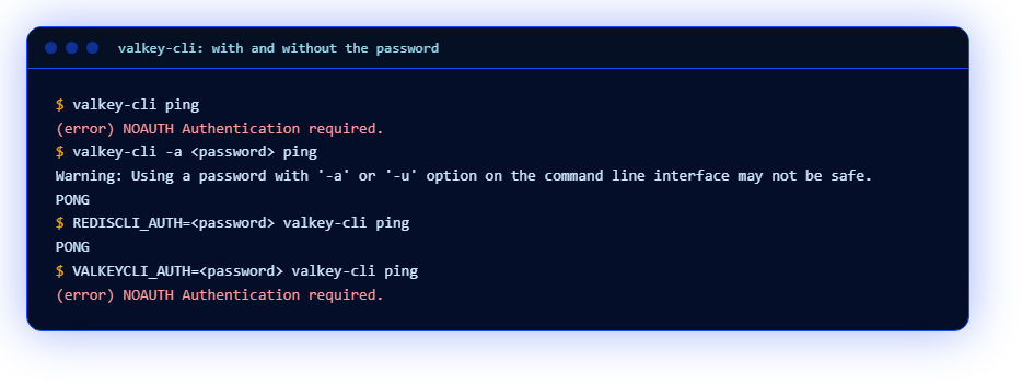 valkey-cli with and without the password: NOAUTH and PONG